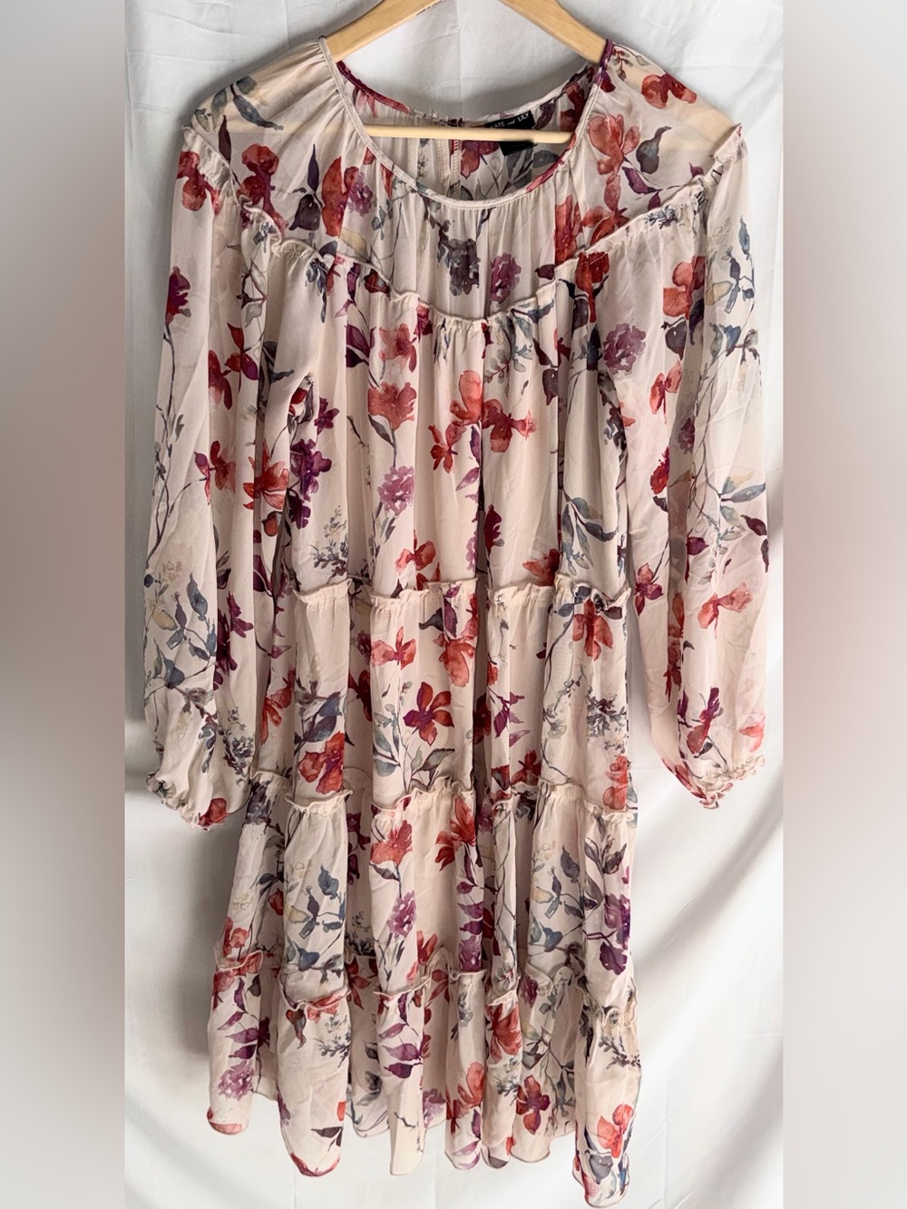 Floral Cream Tiered Tunic Top with Red & Purple Blooms